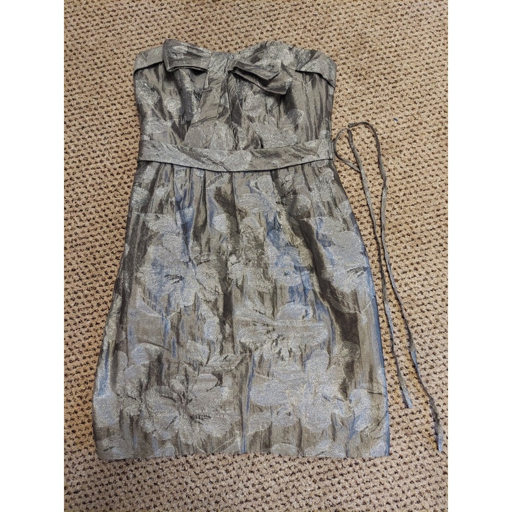 White by Vera Wang Silver Metallic Jacquard Bow Strapless Dress 6 Homecoming